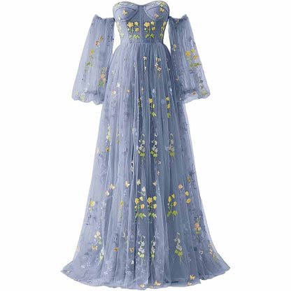 Womens Flower Embroidery Tulle Prom Dress Formal Evening Party Gowns