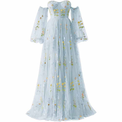 Womens Flower Embroidery Tulle Prom Dress Formal Evening Party Gowns