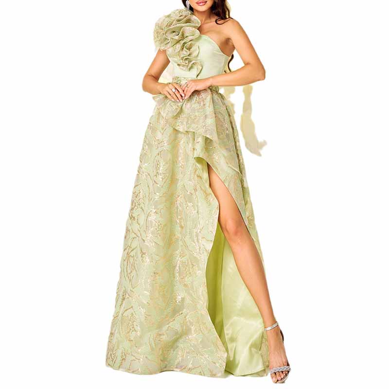 One Shoulder Floral Split Dress Event Prom Light Green Party Gowns