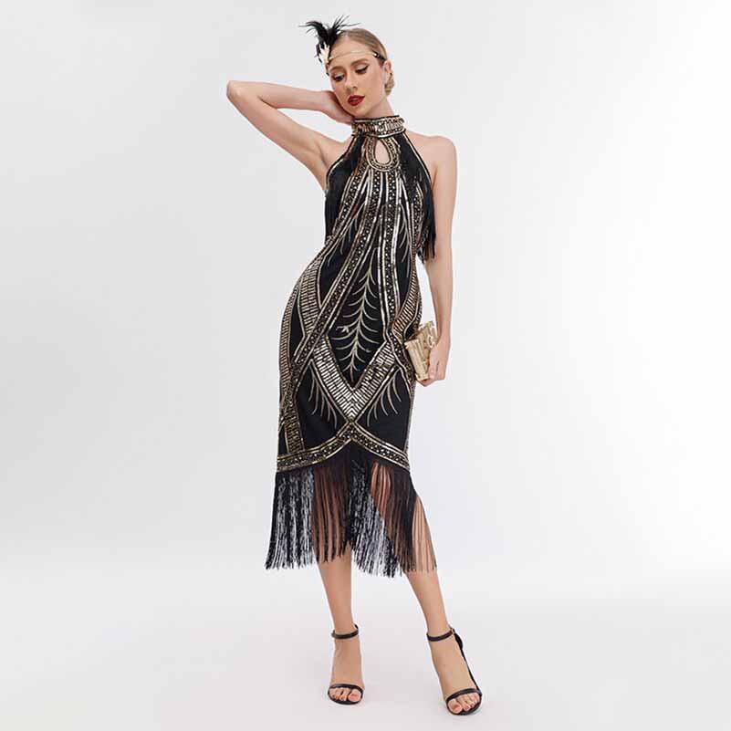 1920's Flapper Dress Halter Neck Fringe Sequin Beaded Dress