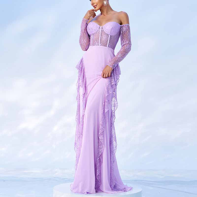 Purple Maxi Dress Off Shoulder Corset Prom Dress Lace Wedding Guest Dress