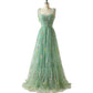 Women Tie Strap Tulle Prom Dresses Flower Embroidery Dress Long Formal Evening Dresses