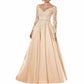 Women's Long Evening Dress Tulle V-neck Mother of the Bride Dress with Sleeves Formal Wedding Guest Dress