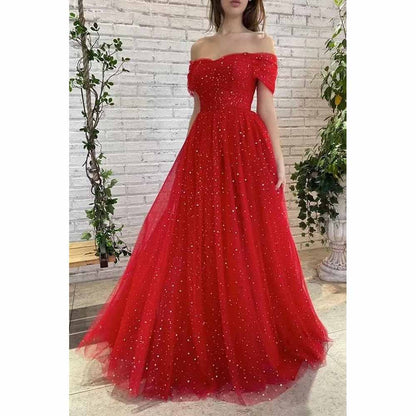 Sparkly Tulle Prom Dresses Off Shoulder Pleated Formal Evening Party Gowns