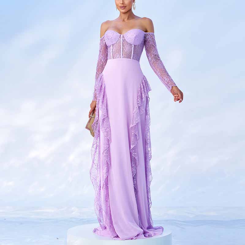 Purple Maxi Dress Off Shoulder Corset Prom Dress Lace Wedding Guest Dress