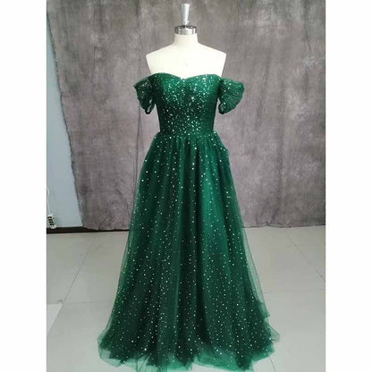 Sparkly Tulle Prom Dresses Off Shoulder Pleated Formal Evening Party Gowns