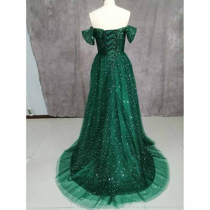 Sparkly Tulle Prom Dresses Off Shoulder Pleated Formal Evening Party Gowns