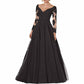 Women's Long Evening Dress Tulle V-neck Mother of the Bride Dress with Sleeves Formal Wedding Guest Dress