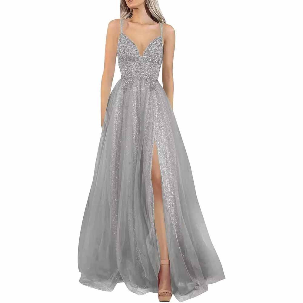 Glitter Tulle Prom Dresses Lace V Neck Backless Long Evening Formal Gowns with Slit