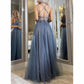 Glitter Tulle Prom Dresses Lace V Neck Backless Long Evening Formal Gowns with Slit