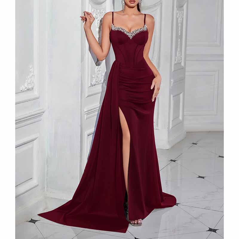 Spaghetti Strap Satin Long Evening Dress High- Split Prom Gowns