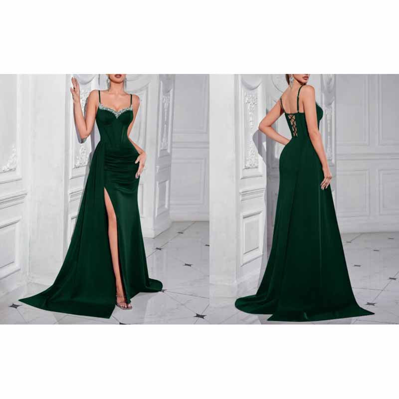 Spaghetti Strap Satin Long Evening Dress High- Split Prom Gowns