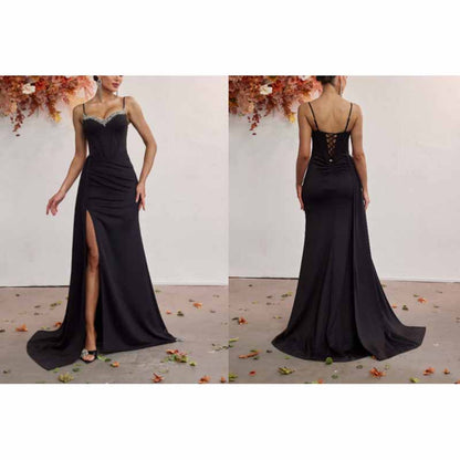Spaghetti Strap Satin Long Evening Dress High- Split Prom Gowns