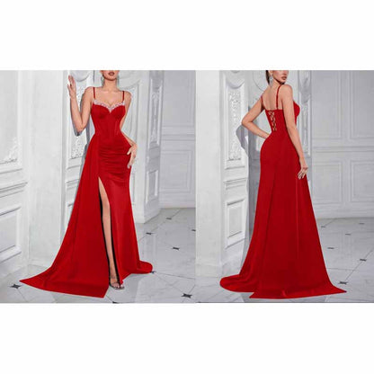 Spaghetti Strap Satin Long Evening Dress High- Split Prom Gowns