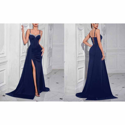 Spaghetti Strap Satin Long Evening Dress High- Split Prom Gowns