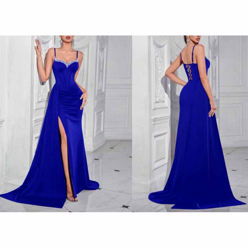 Spaghetti Strap Satin Long Evening Dress High- Split Prom Gowns