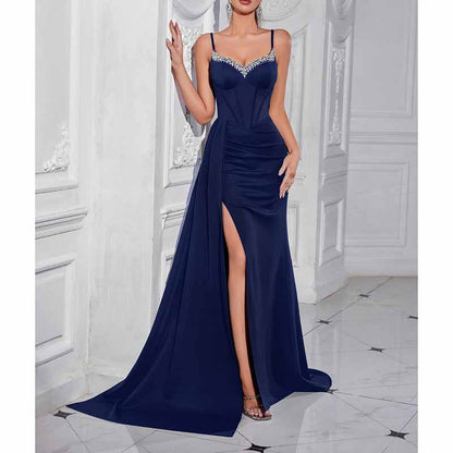 Spaghetti Strap Satin Long Evening Dress High- Split Prom Gowns