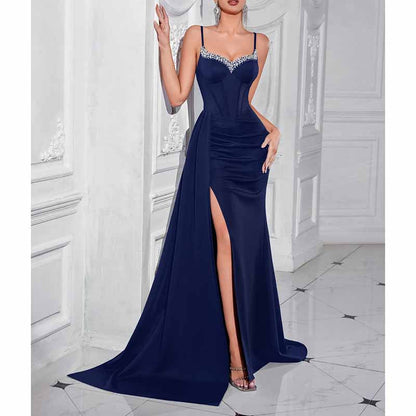 Spaghetti Strap Satin Long Evening Dress High- Split Prom Gowns