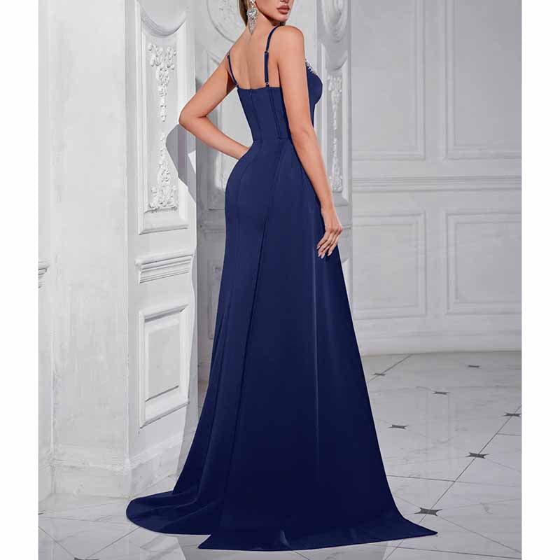 Spaghetti Strap Satin Long Evening Dress High- Split Prom Gowns
