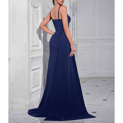 Spaghetti Strap Satin Long Evening Dress High- Split Prom Gowns