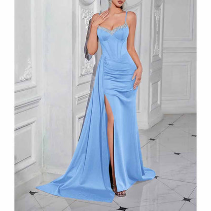 Spaghetti Strap Satin Long Evening Dress High- Split Prom Gowns