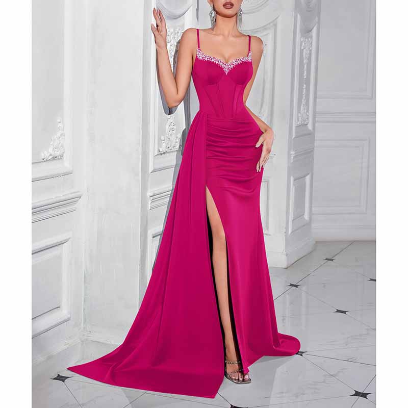 Spaghetti Strap Satin Long Evening Dress High- Split Prom Gowns