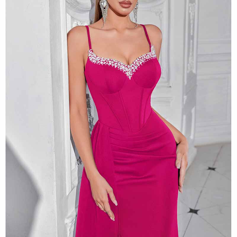 Spaghetti Strap Satin Long Evening Dress High- Split Prom Gowns