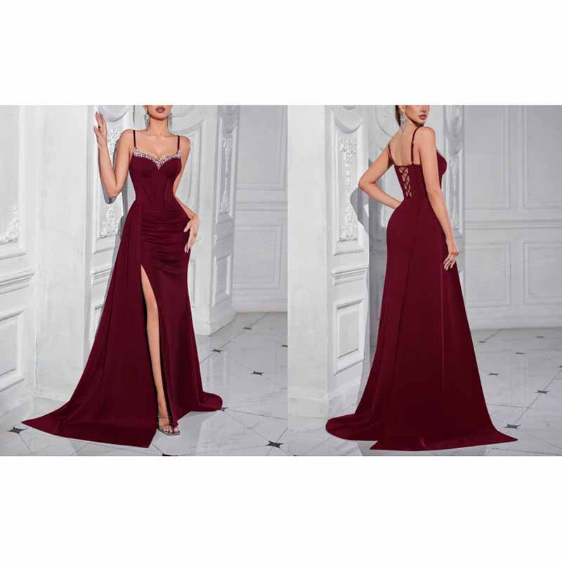 Spaghetti Strap Satin Long Evening Dress High- Split Prom Gowns