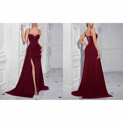 Spaghetti Strap Satin Long Evening Dress High- Split Prom Gowns