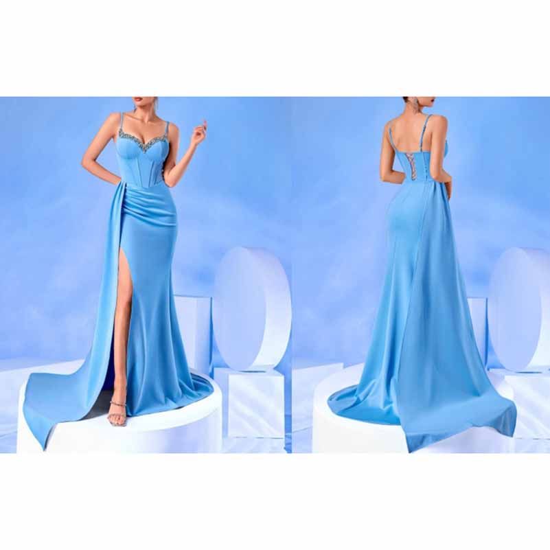 Spaghetti Strap Satin Long Evening Dress High- Split Prom Gowns