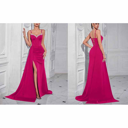 Spaghetti Strap Satin Long Evening Dress High- Split Prom Gowns