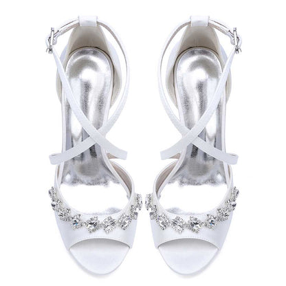 Cross Strap Bridal Sandals Hand-Made Wedding Shoes Dress Heels With Crystals