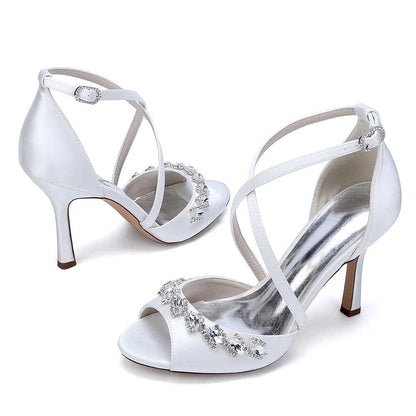Cross Strap Bridal Sandals Hand-Made Wedding Shoes Dress Heels With Crystals