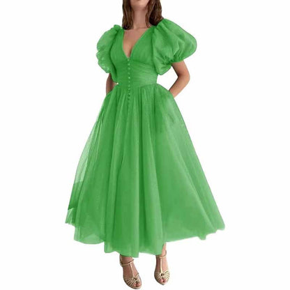 Women's Puffy Sleeve Prom Dresses Tulle V Neck Tea Length Formal Evening Gowns
