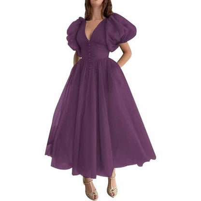 Women's Puffy Sleeve Prom Dresses Tulle V Neck Tea Length Formal Evening Gowns