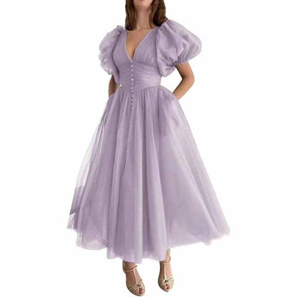 Women's Puffy Sleeve Prom Dresses Tulle V Neck Tea Length Formal Evening Gowns