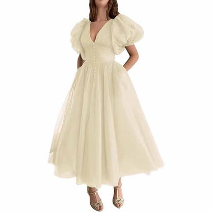 Women's Puffy Sleeve Prom Dresses Tulle V Neck Tea Length Formal Evening Gowns