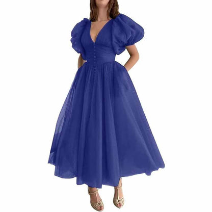 Women's Puffy Sleeve Prom Dresses Tulle V Neck Tea Length Formal Evening Gowns