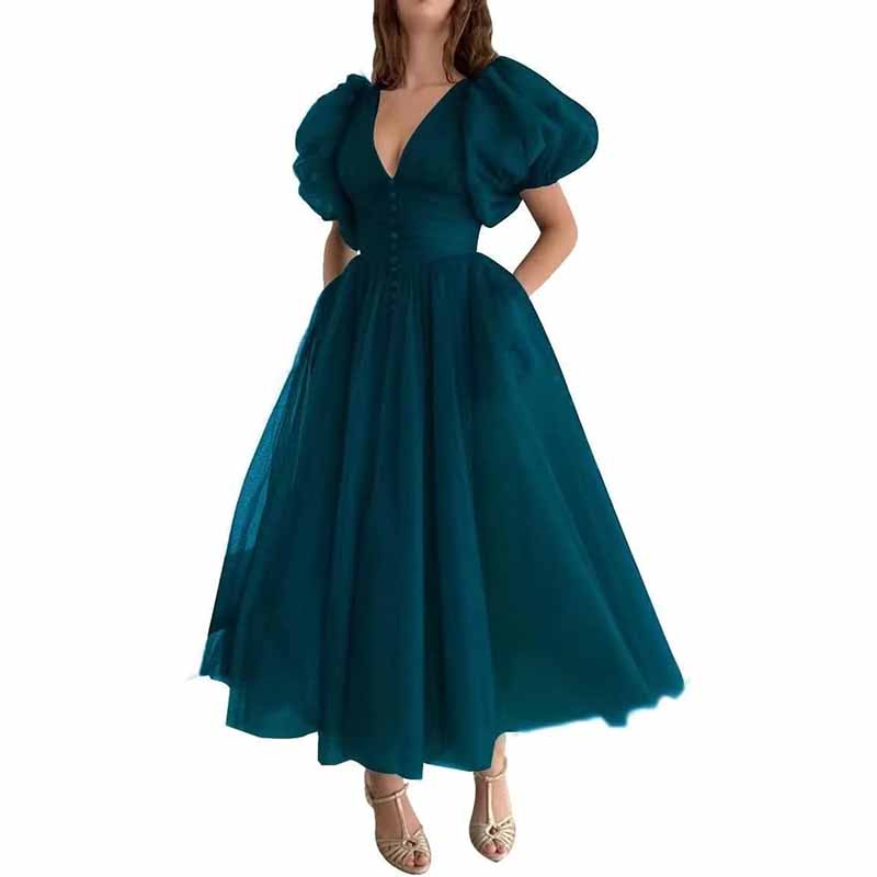 women's puffy dresses Women's Puffy Sleeve Prom Dresses Tulle V Neck Tea Length Formal Eveni – SD  Dresscode & Fashiontrends