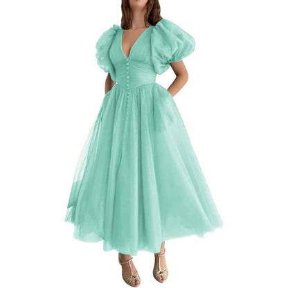 Women's Puffy Sleeve Prom Dresses Tulle V Neck Tea Length Formal Evening Gowns