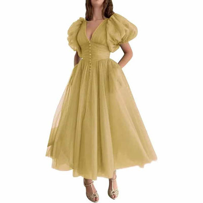 Women's Puffy Sleeve Prom Dresses Tulle V Neck Tea Length Formal Evening Gowns