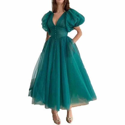 Women's Puffy Sleeve Prom Dresses Tulle V Neck Tea Length Formal Evening Gowns