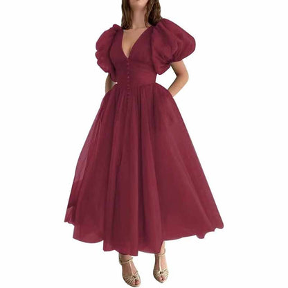 Women's Puffy Sleeve Prom Dresses Tulle V Neck Tea Length Formal Evening Gowns