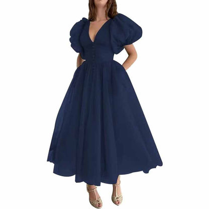 Women's Puffy Sleeve Prom Dresses Tulle V Neck Tea Length Formal Evening Gowns