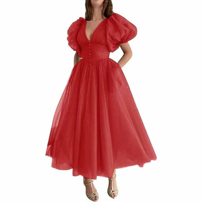 Women's Puffy Sleeve Prom Dresses Tulle V Neck Tea Length Formal Evening Gowns