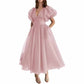 Women's Puffy Sleeve Prom Dresses Tulle V Neck Tea Length Formal Evening Gowns
