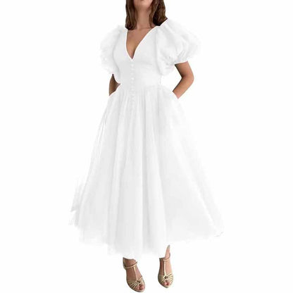 Women's Puffy Sleeve Prom Dresses Tulle V Neck Tea Length Formal Evening Gowns