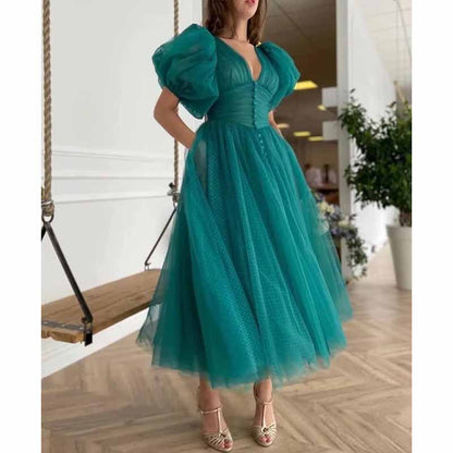 Women's Puffy Sleeve Prom Dresses Tulle V Neck Tea Length Formal Evening Gowns