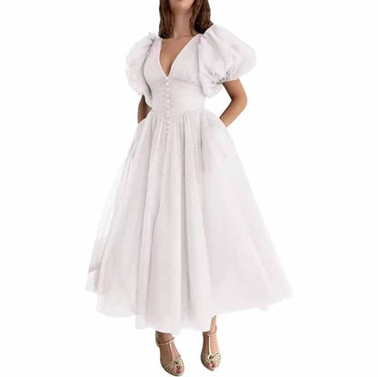 Women's Puffy Sleeve Prom Dresses Tulle V Neck Tea Length Formal Evening Gowns
