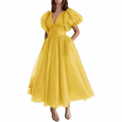 Women's Puffy Sleeve Prom Dresses Tulle V Neck Tea Length Formal Evening Gowns